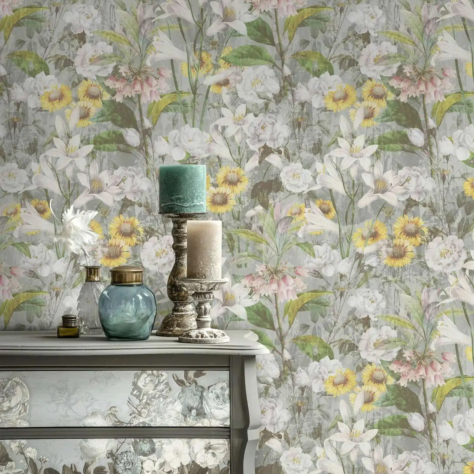 Watercolor Botanical Wallpaper Peel and Stick,Vintage Peony Lily &Sunflower Wall Mural,Floral Home Decor,Self-adhesive/Tradition