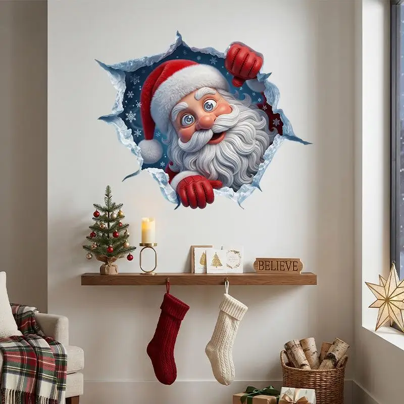 Christmas 3D Santa Claus Wall Sticker, Self-Adhesive Removable Xmas Decor for Home Window