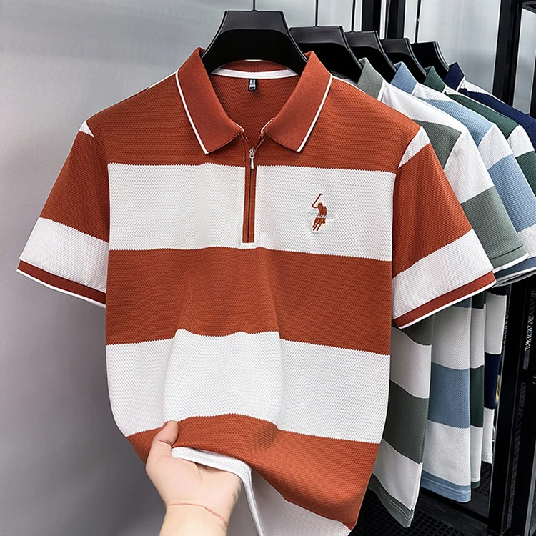 Modisches gestreiftes, farblich abgesetztes Kurzarm-Poloshirt für Herren High-End-Marke Pony-Stickerei Sommer, Golf, Freizeit, neues T-Shirt mit halbem Reißverschluss – Detail 10
