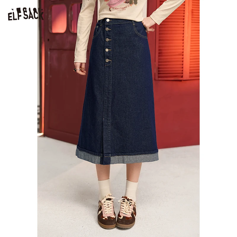 ELFSACK 2024 Autumn New Arrive Blue retro a-line natural waist college style all-match button straight split denim skirt for wom