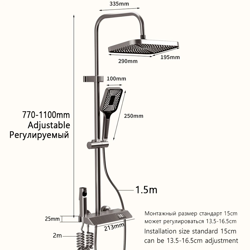 Set di sistemi doccia neri Set di rubinetti per docce in ottone da bagno Set di rubinetti per doccia a pioggia a LED a 4 vie digitale Set di doccia a pioggia con chiave per pianoforte caldo e freddo