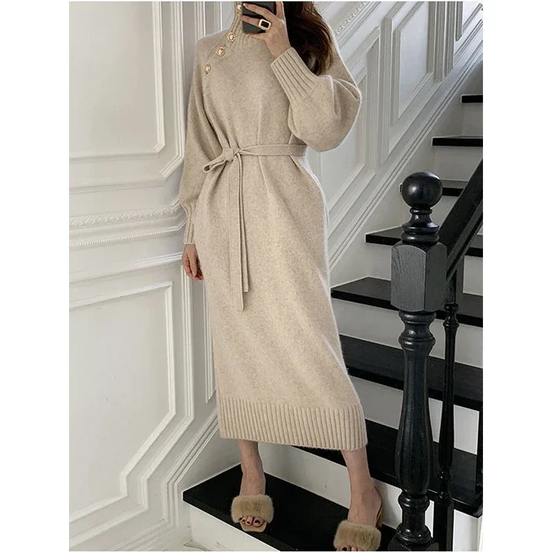 MEXZT Elegant Knitted Midi Dress Women Vintage Turtleneck Sweater One Piece Dresses Winter Korean Black Lace Up Chic Vestidos