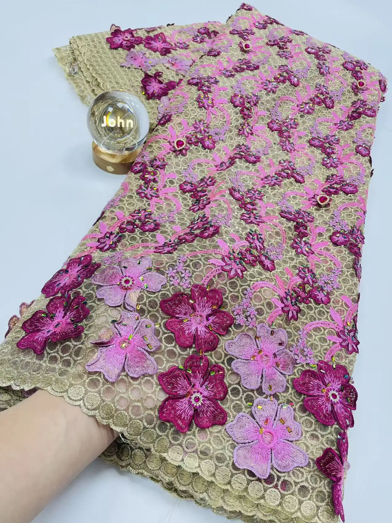 

3D African France Big Gem Stones Guipure Cord Lace Fabric 2026 Nigerian Water Soluble Lace Fabric High Quality Nigerian Hm233-1