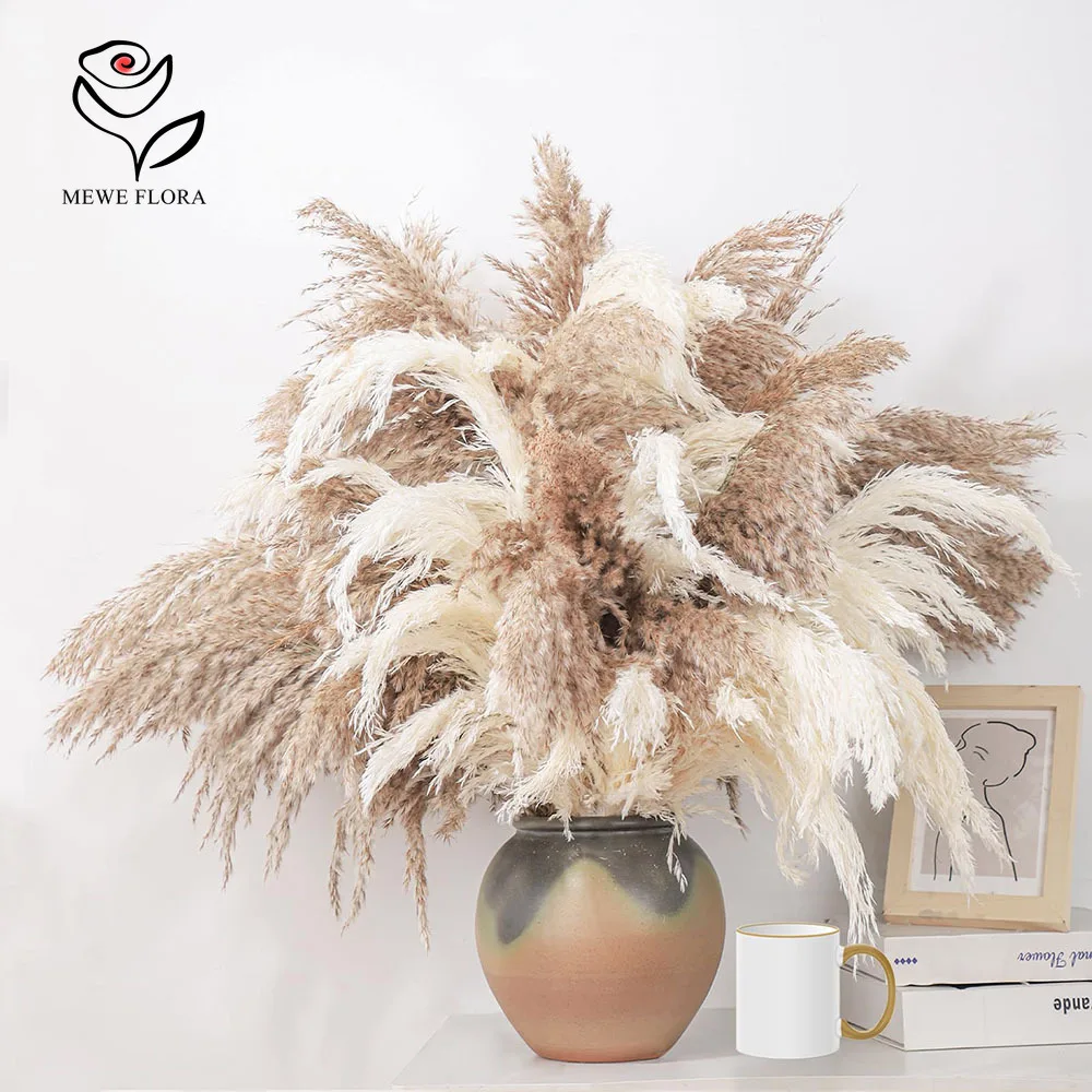 Bouquet d'herbe de la pampa séchée, grande et moelleuse, mélange blanc naturel et brun, pour arrangement bohème, décoration de vase de table, ornement pour maison de style farmhouse, salon, chambre, centre de table de mariage, arrière-plan pour photographie, herbe séchée longue durée, fournitures pour cadeaux de pendaison de crémaillère