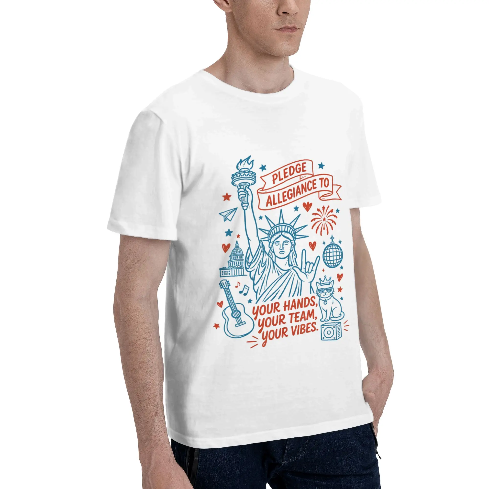 Statue of Liberty Patriotic Pledge Allegiance to Your Hands Men's T-Shirt Clothes  Creative Tee Shirt Short Sleeve fugees Cotton