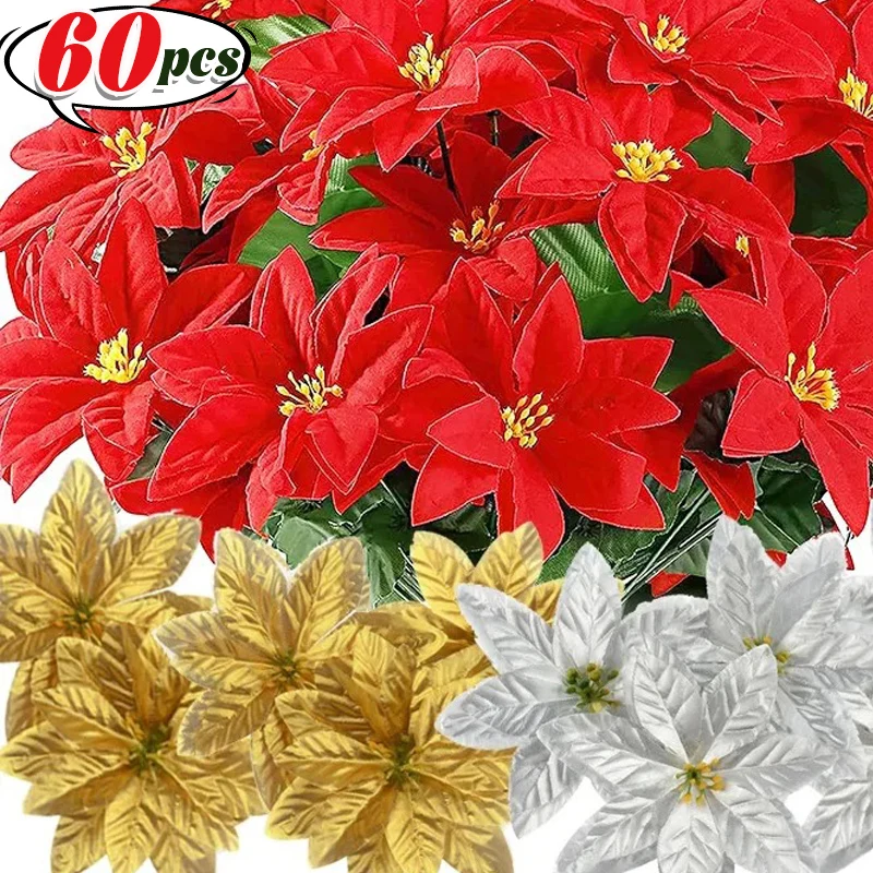 60/1pcs Artificial Christmas Flowers Glitter Silk Fake Flowers Xmas Tree Wedding Party New Year Wreaths Ornaments with Clip