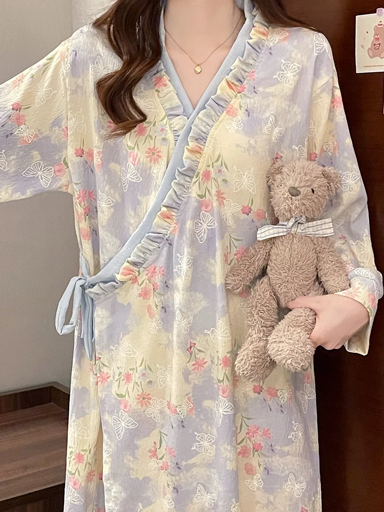 

Хлопковое кимоно Cloud Sle Spwear, женский длинный повседневный халат све, домашняя одежда, милый Sle, с цветочным принтом, V-Ne Dstring