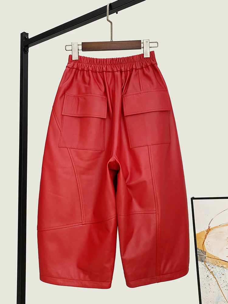 Spring New High Quality Genuine Real Leather Pants Women's Loose Waist Fashionable All-Match Sheepskin Cropped