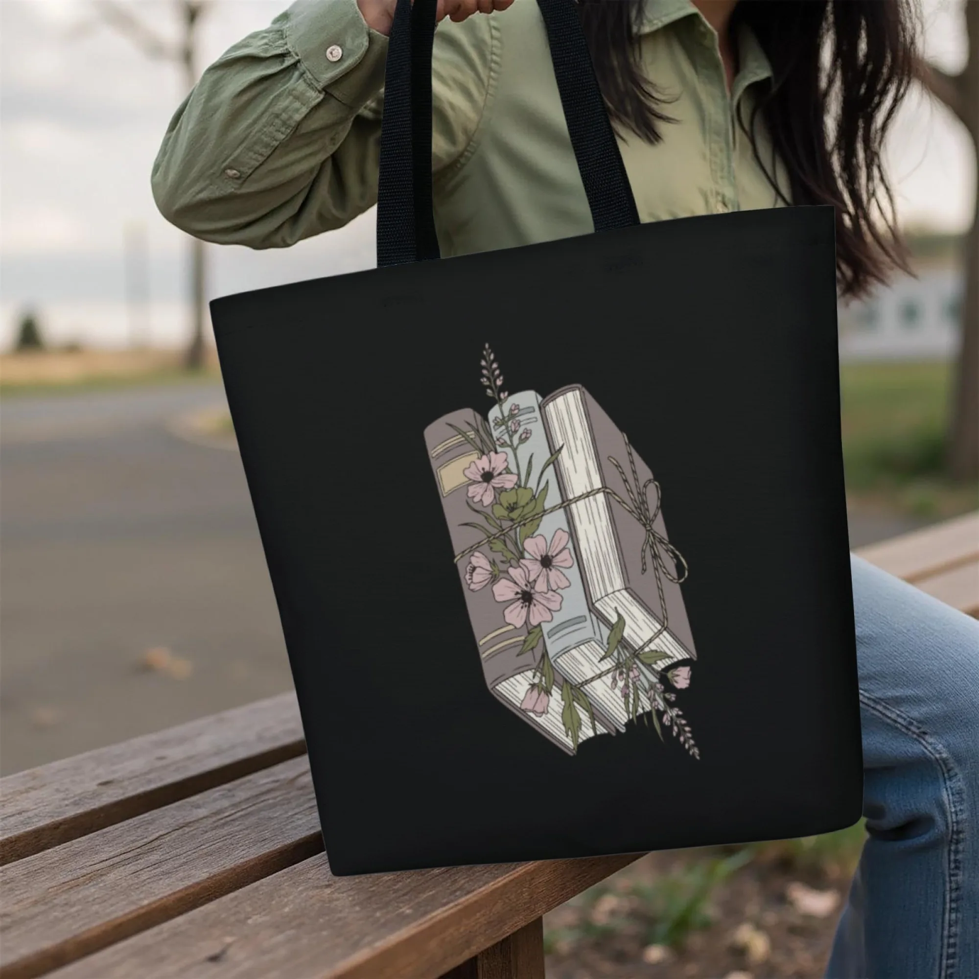 حقيبة كتف قماشية سوداء أدبية للكتاب وحقيبة كتف بتصميم زهور للنساء حقيبة تسوق صديقة للبيئة لزيارات مكتبة الكتب المدرسية وغير الرسمية #2