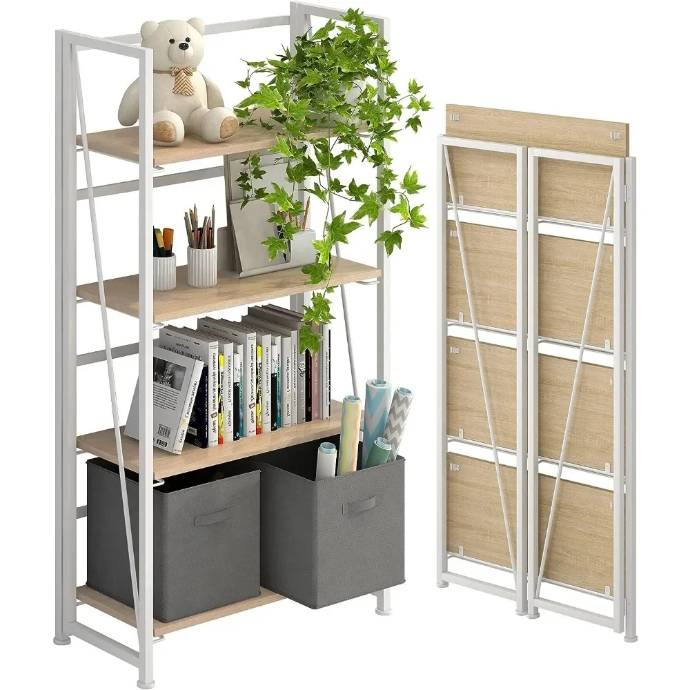 

No-Assembly Folding Bookshelf Storage Shelves 4 Tiers Vintage Bookcase Standing Racks Study Organizer Home Office