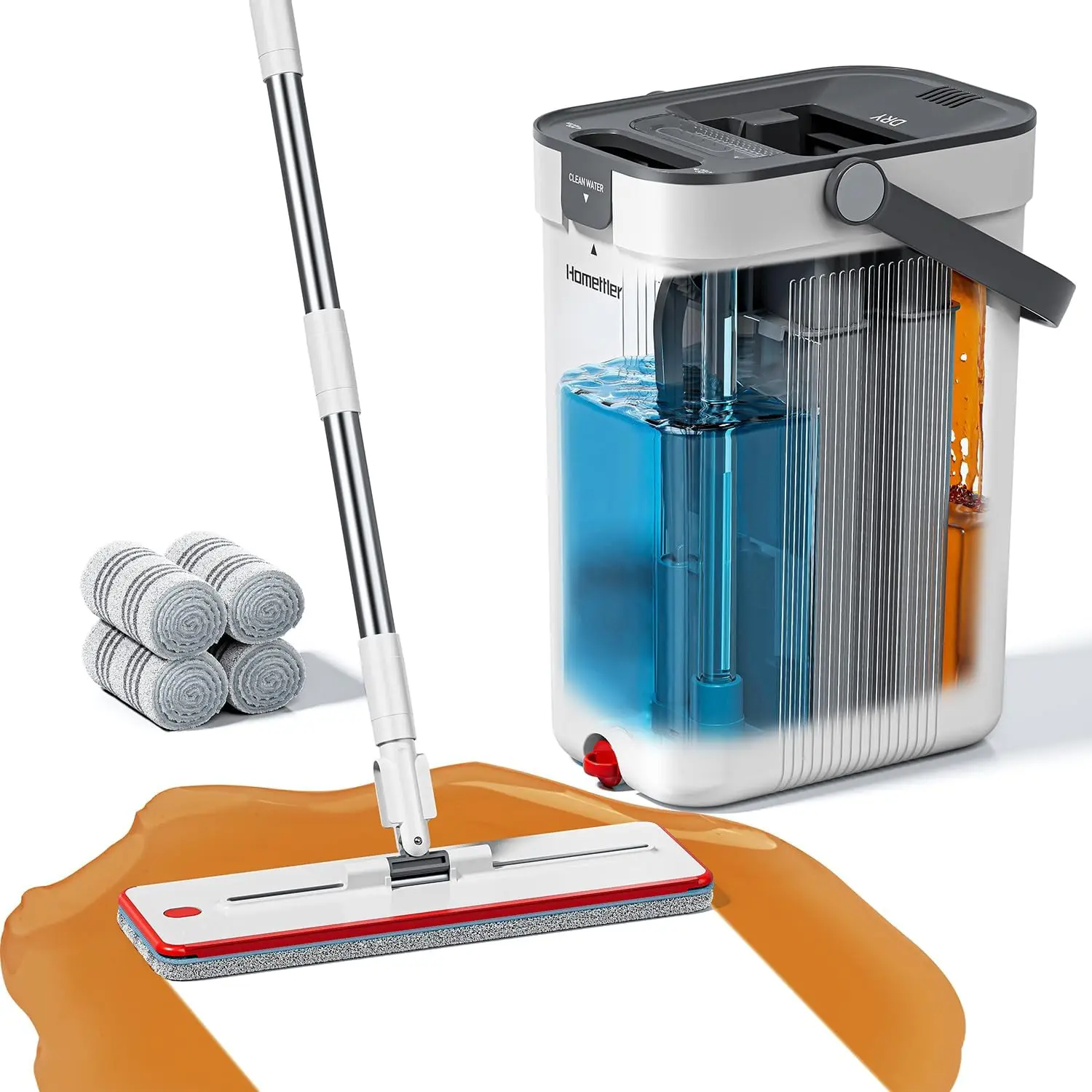 

3-Tank Flat Mop & Bucket System with Separate Dirty/Clean Water, 4 Microfiber Pads for Efficient Floor Cleaning