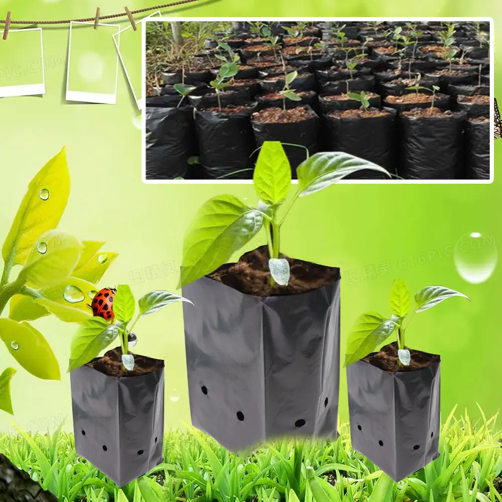 100PCS Black Plastic Seedling Bags Growing Bowl with Breathable Holes for Garden Plant Nursery Germination Nutrition Planter Pot