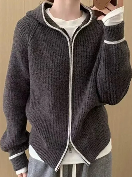 

Korean Sle Zipper Knitted Sweater Women's Loose Slimming Versatile Design Small Size Autumn New Arrival Faionable Sweater