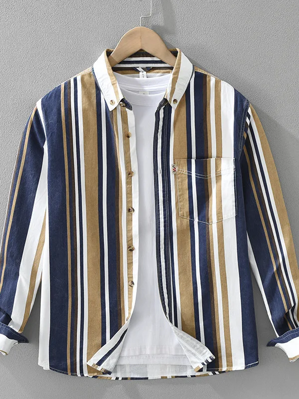 

Ретро-рубашка в полоску с цветовыми блоками, длинным рукавом, из чистого хлопка, мужская, модная, повседневная, свободного кроя, весенняя.