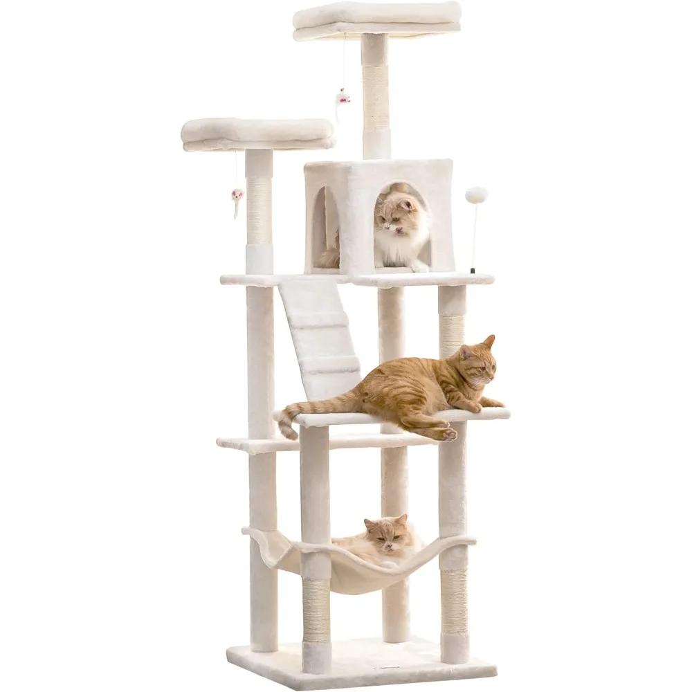 

63.8 Inches or 70.1-Inch Large Cat Tree, Multi-Level Tall Cat Tower for Indoor Cats, Plush Cat Condo with Big Padded Perches