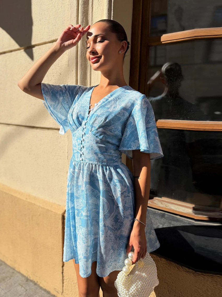 Marthaqiqi ملابس نوم للسيدات غير رسمية بيجامات مثيرة برقبة على شكل حرف v وأكمام قصيرة قمصان نوم مطبوعة فستان قصير ملابس نوم نسائية شتوية