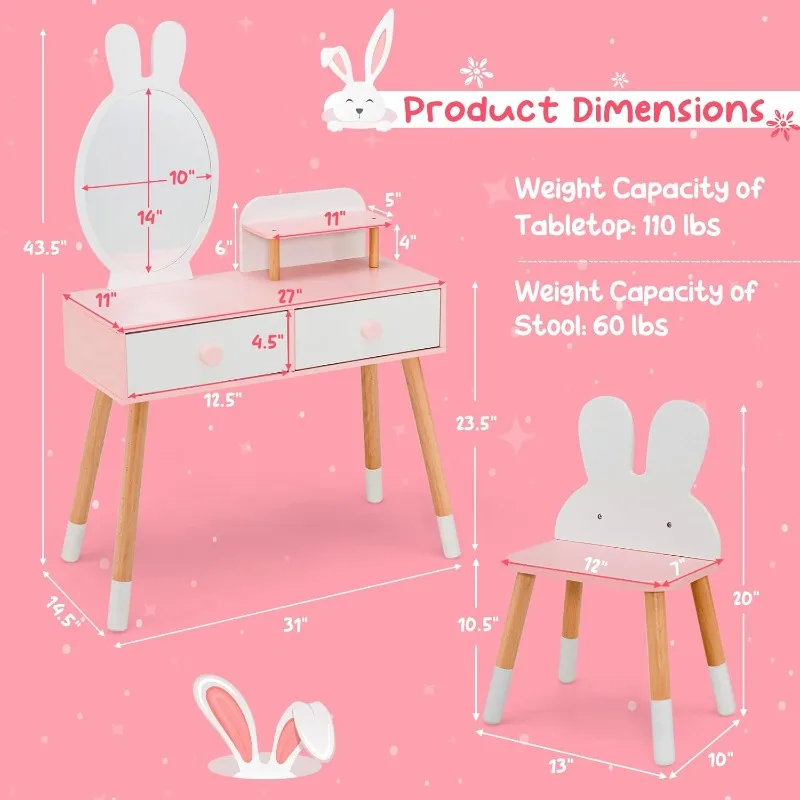 Ensemble de vanité en bois avec miroir et tabouret pour enfants, table en spanTable de maquillage princesse pour les tout-petits, 2 grandes fermetures à proximité, blanc