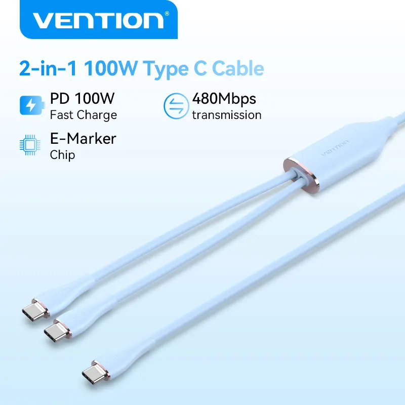 

Vention 2 в 1 USB Type C 5A Линия быстрой зарядки для Xiaomi Samsung iPhone 16 Type - C Линия USB - C для MacBook Air Huawei