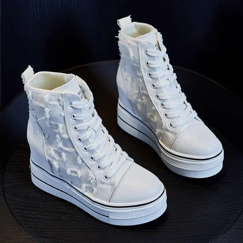 Inner Increase White Shoes Women 2024 New High-top Canvas Shoes Women Hollow Breathable Casual Thick-soled Women\'s Sneaker Shoes