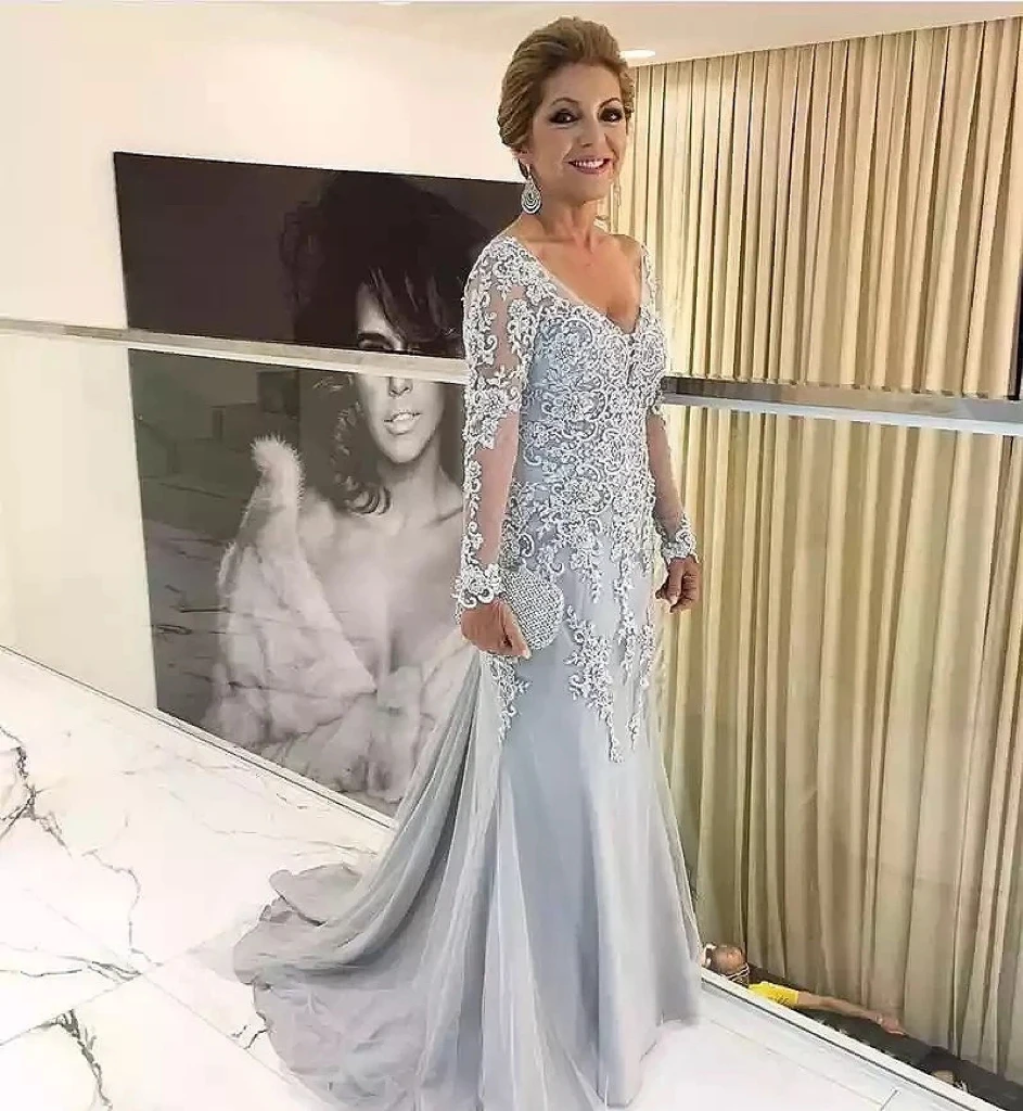 

2024 Silver Mermaid Mother Of The Bride Dress Long Sleeve Beaded Tulle Groom Mother Dress Plus Size Wedding Party Guest Gown