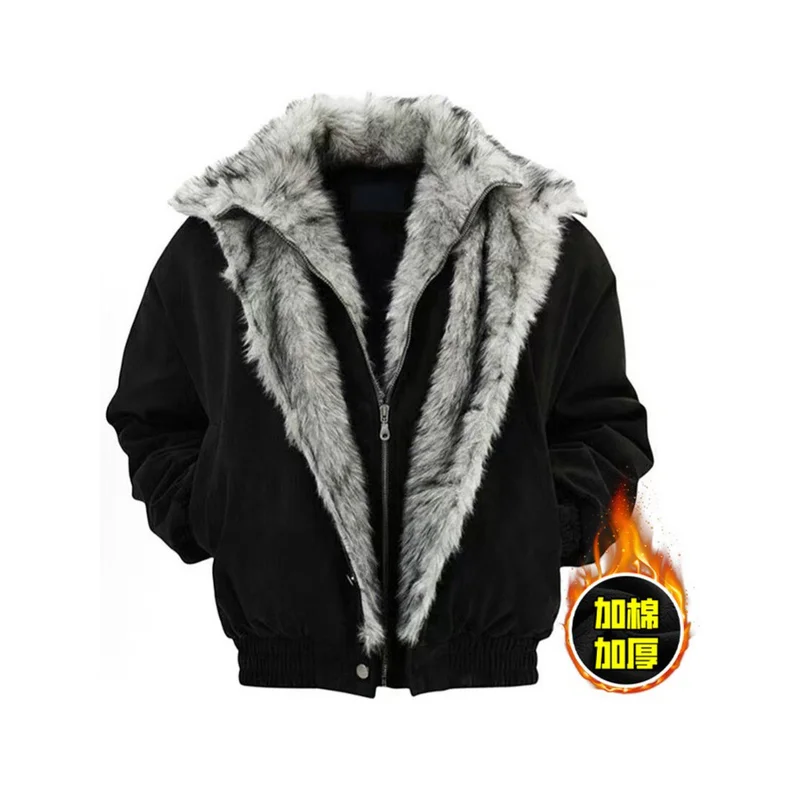 Men's Fashion Luxury Overcoat With Double Faux Fur Collar Cotton Padded Thick Warm Parkas Thermal Jacket Outerwear