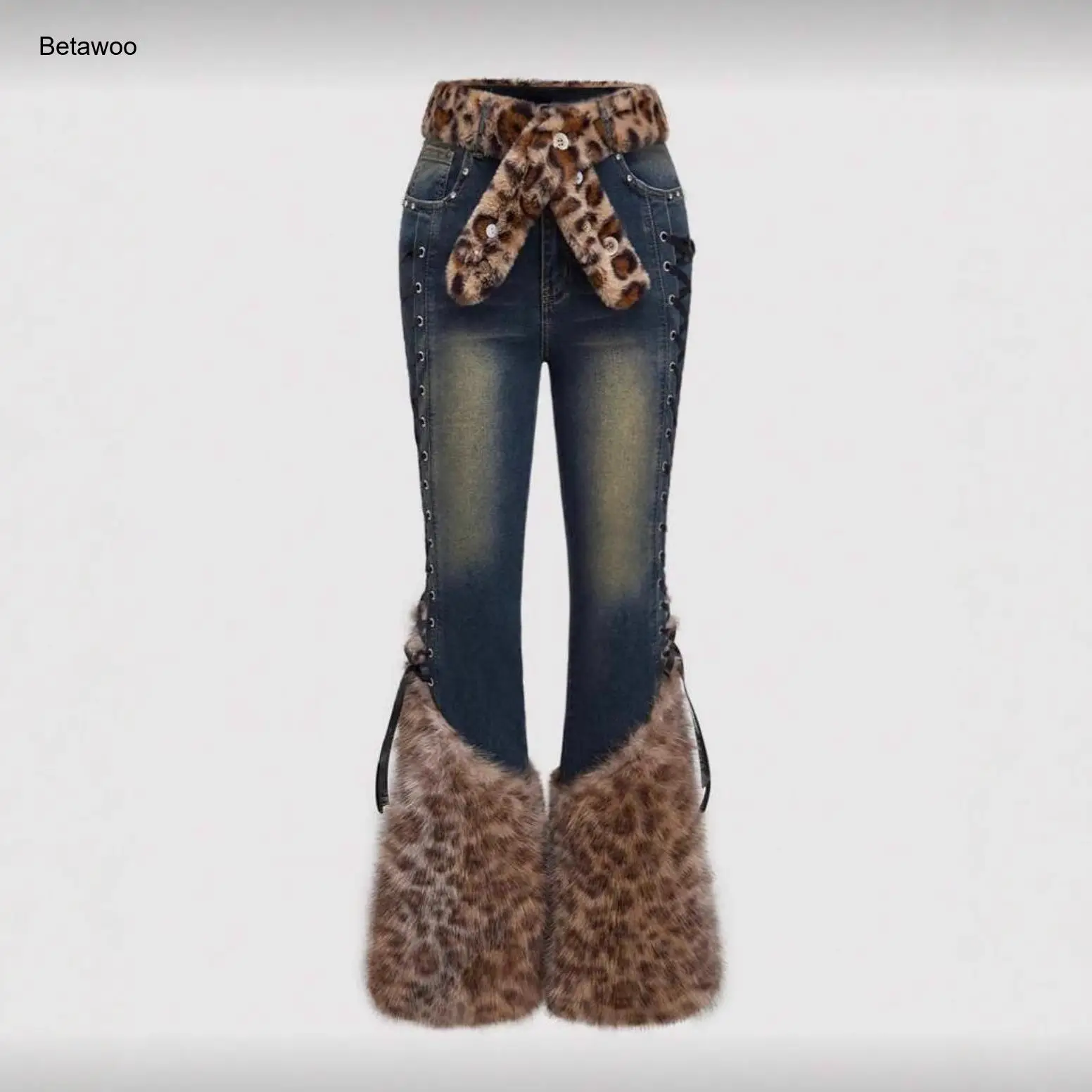 

Leopard Faux Fur Trim Flare Jeans for Women, High Waisted Lace-Up Denim Pants with Fur Waist Tie