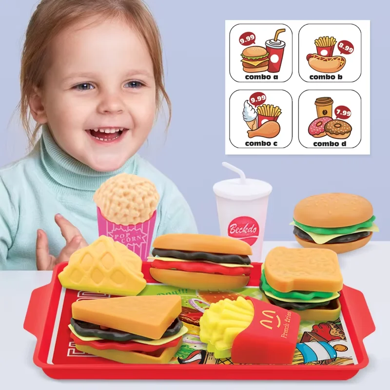 9PCS Set Cucina Cibo Casa da gioco Cibo Giocattolo Simulazione Hamburger Patatine fritte Hot Dog Staccabile Snack di plastica Finta Giocattoli Per Bambini