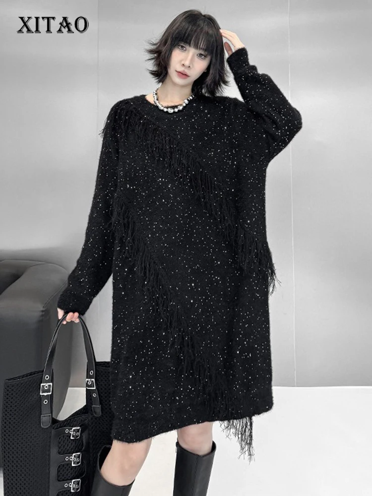 

XITAO Casual Tassel O-neck Dress Loose Fashion Sequin Women Personality Trendy Solid Color Slimming Irregular Dress GYX1701