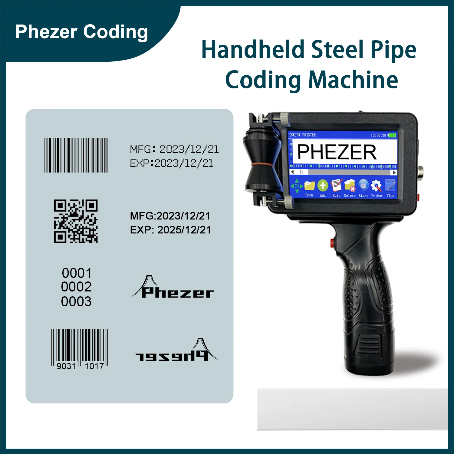 

For hp Phezer 12.7/25.4mm Cable cylinder metal pipe Portable Printer QR Bar Batch Code Date Logo Expiry Handheld Inkjet Printer