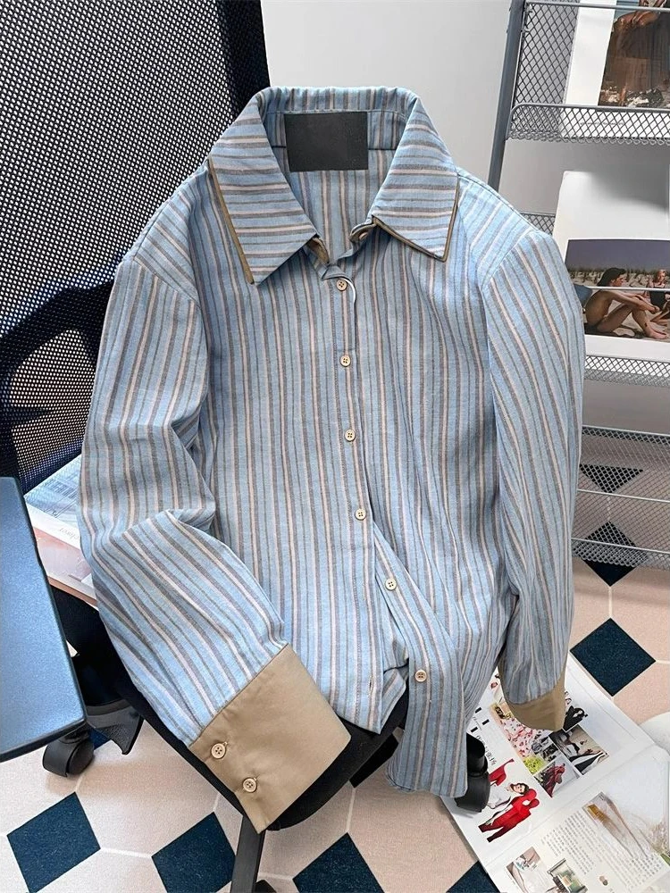 Preppy Style Shirts Turn Down Collae Long Sleeve Patchwork Striped Fashion Vintage Blouses All Match Casual Loose Women Clothing