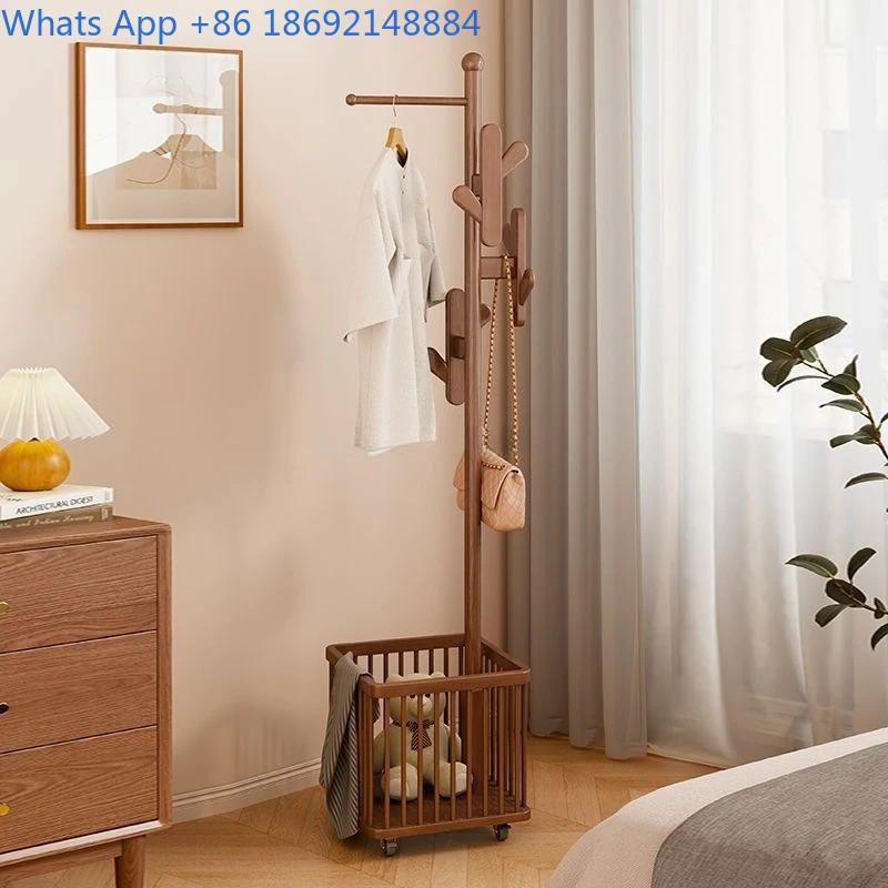

Вешалка для одежды из цельного дерева, напольная вешалка для одежды, передвижная бытовая корзина для грязной одежды для спальни, многофункциональная вешалка для одежды
