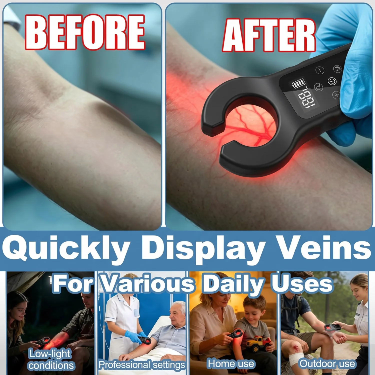 Handheld LED Vein Finder Light Infrared Rechargeable Infrared Vein Finder Viewer, Vein Transilluminator for Nurse Clinics Use