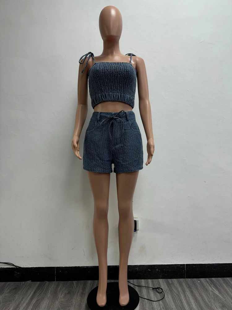 Sexy Jeans-Outfit für Damen, ärmellos, Träger, bauchfreies Top, Shorts, Anzug, 2025, Sommerkleidung, lässig, Denim, kurz, zwei 2-teiliges Set – Detail 8