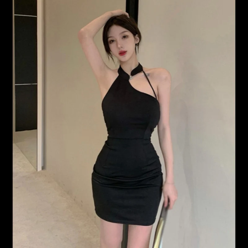 

Female Knee-length Skirts Sexy Irregular Hanging Neck Slimming Solid Color Off Shoulder Revealing Collarbone Women's Dresses