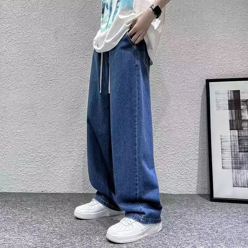 

Spring Autumn Men's Jeans Straight Denim Pants Banding Waist Cotton Streetwear Wide Leg Loose Casual Blue Long Jeans Trousers