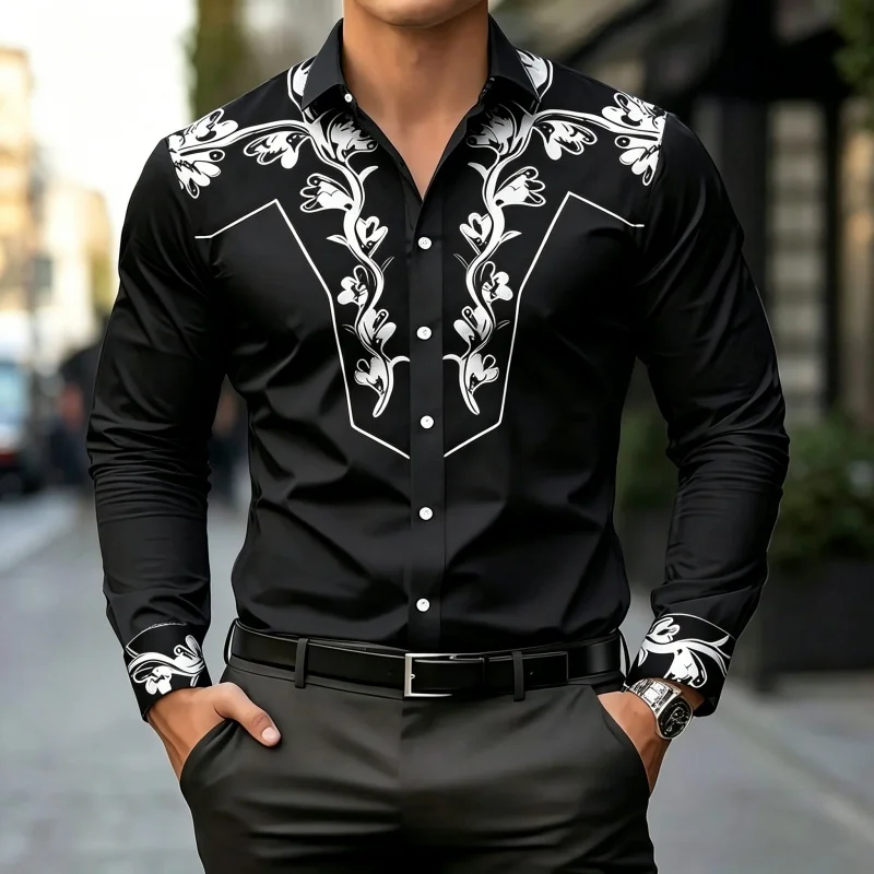 European Vintage Western Cowboy Style Floral Panel Shirts For Men Luxury Slim Muscle Fit Long Sleeve Formal Tops