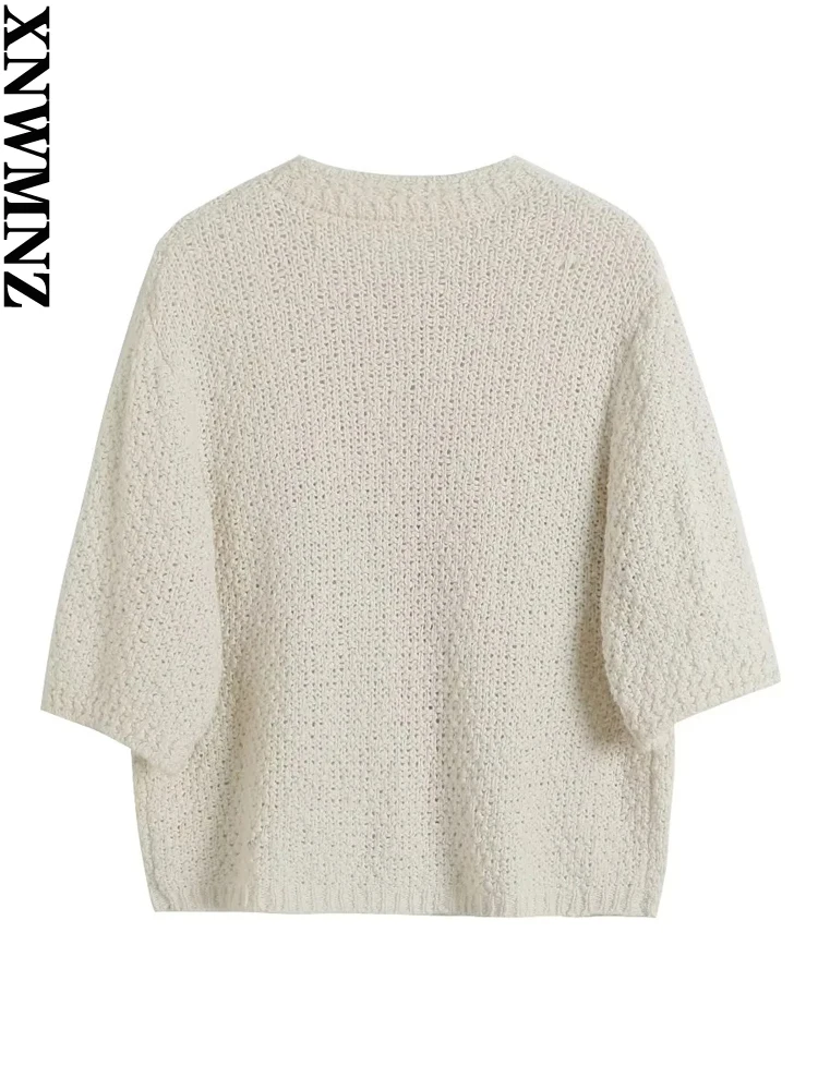 XNWMNZ 2022 Autumn Women FashionTwist Beige Crop Cardigan Jumper Short Sleeve Female Chic Knitted Cardigan