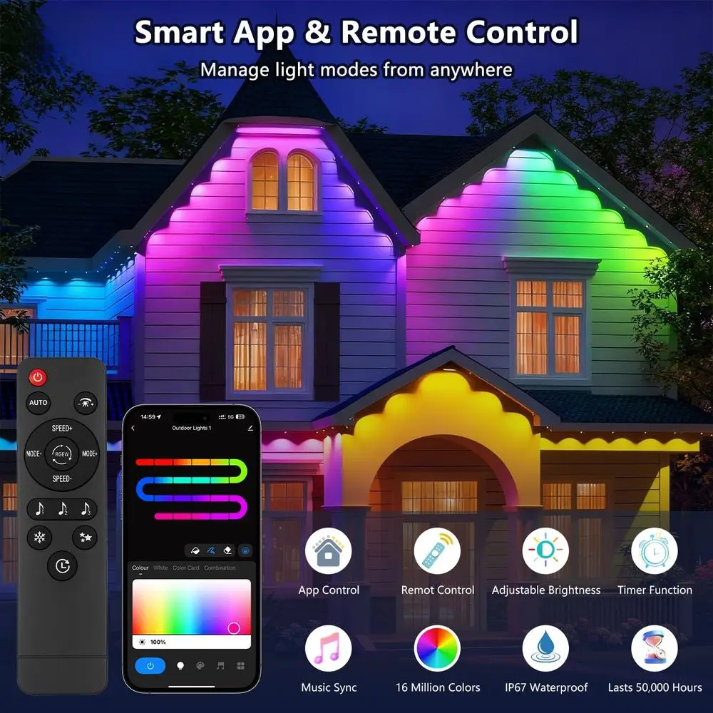 مصابيح RGBTW الخارجية الذكية، يمكن التحكم فيها بالذكاء الاصطناعي بقوة 200 قدم، مقاومة للعوامل الجوية للاستخدام الدائري العام، متوافقة مع Alexa وGoogle Assistant #2