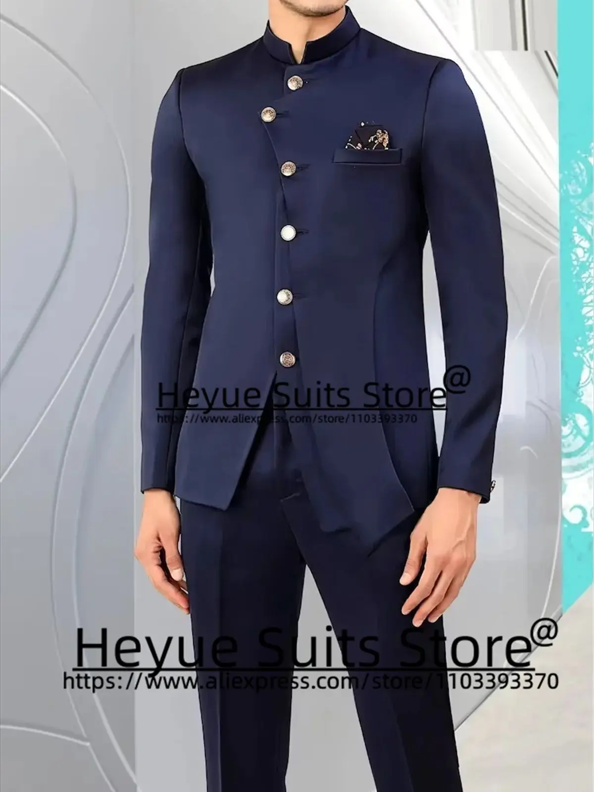 Business Navy Blue Stand Collar Men Suits Slim Fit Groom Formal Tuxedos Party Prom 2PCS Sets Luxuly Male Blazer Trajes De Hombre