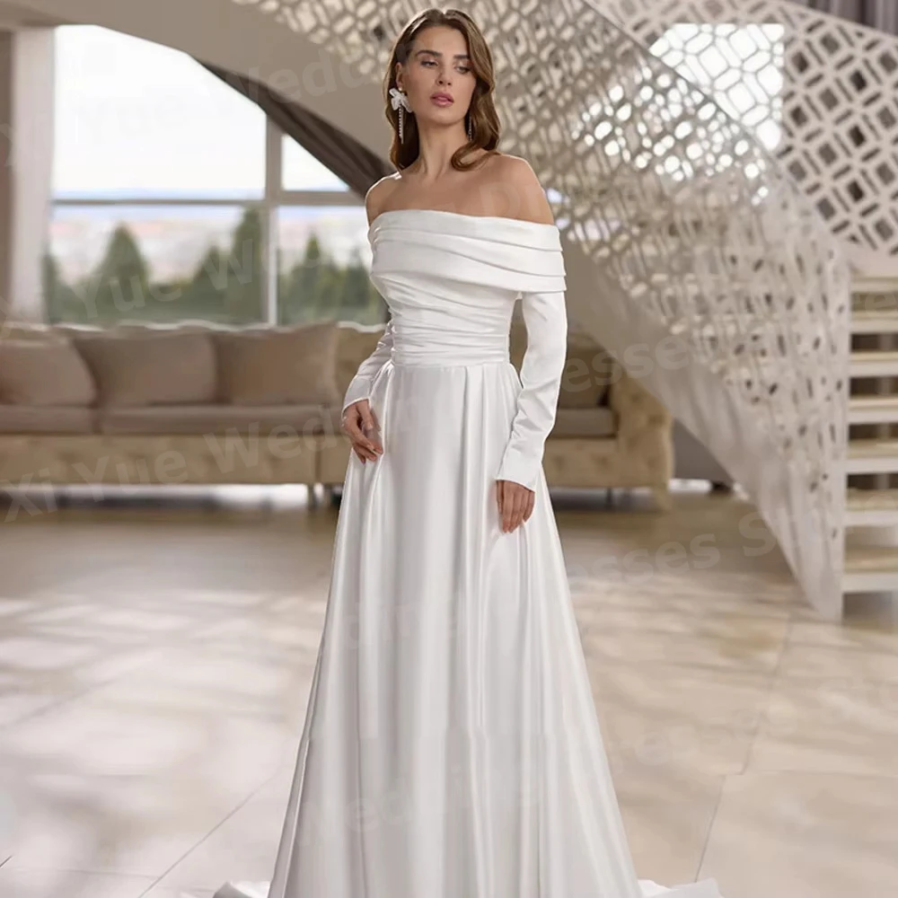 فساتين زفاف بسيطة على شكل حرف A للسيدات أنيقة بدون أكتاف من فيستدو دي نوفيا بأكمام طويلة فساتين العروس مخصصة رداء دي ماري
