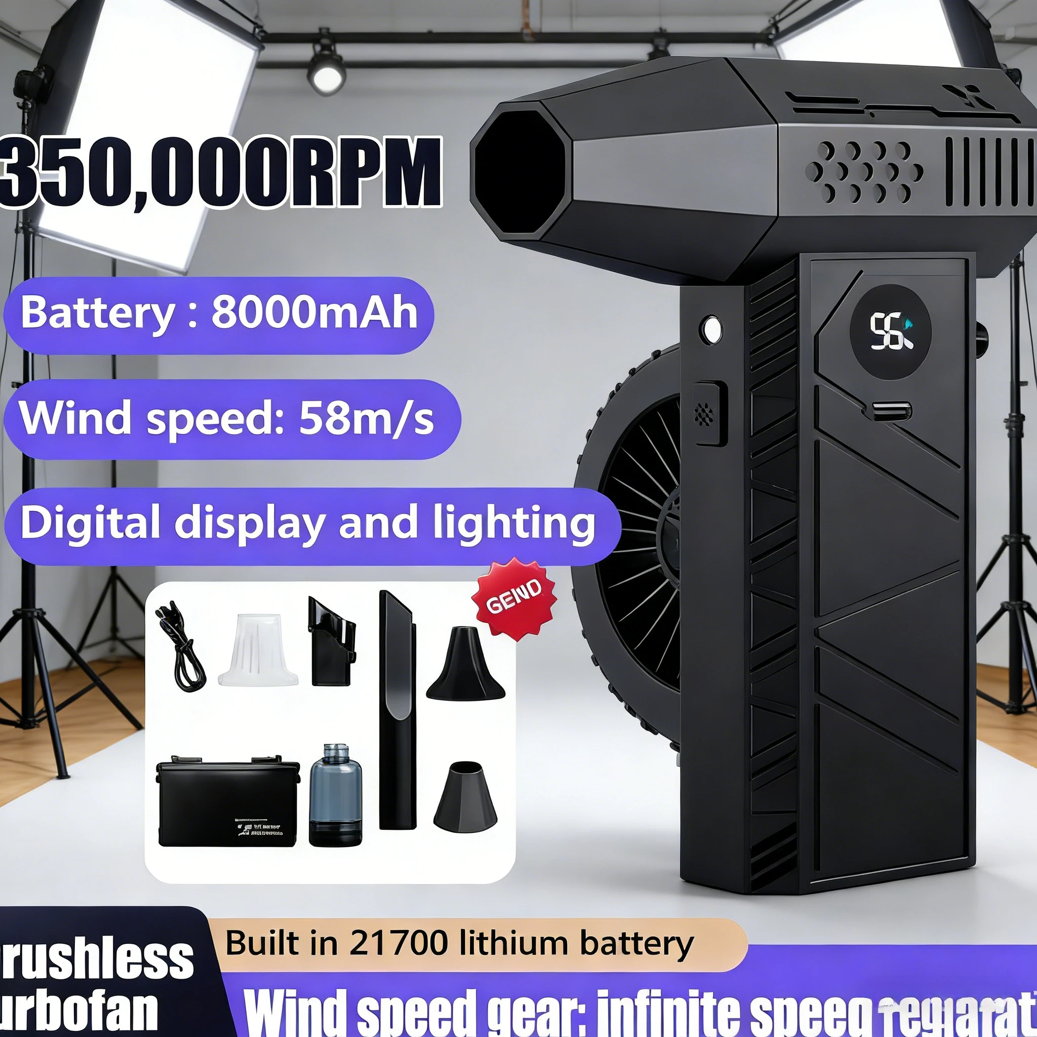 

Ручной автомобильный пылесос и воздуходувка 2-в-1 | Бесщеточный турбовентилятор 350000 об/мин, супервоздушный поток 53 м/с