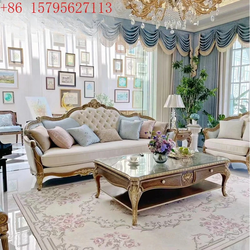 

Combination fabric living room sofa neoclassical solid wood carving flower painted gold coffee table