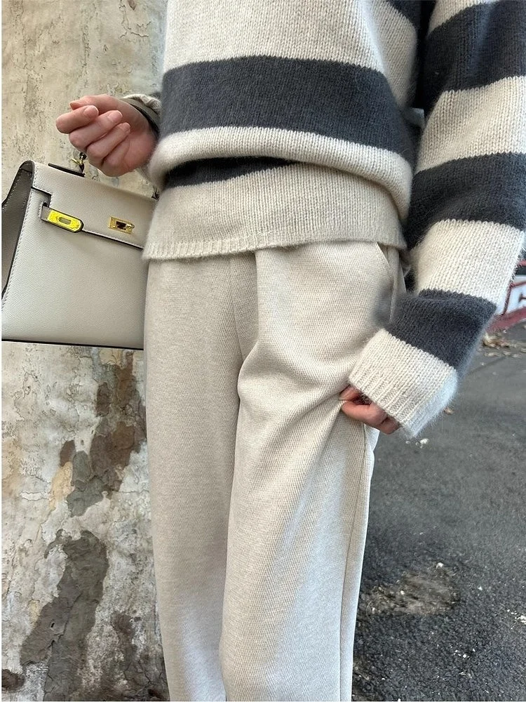 กางเกงขายาวทรงตรงเอวสูงผ้าวูลเนื้อนุ่ม ขากว้าง ไซส์เล็ก ลายพิมพ์ลำลอง สำหรับผู้หญิง ฤดูใบไม้ผลิ 2025