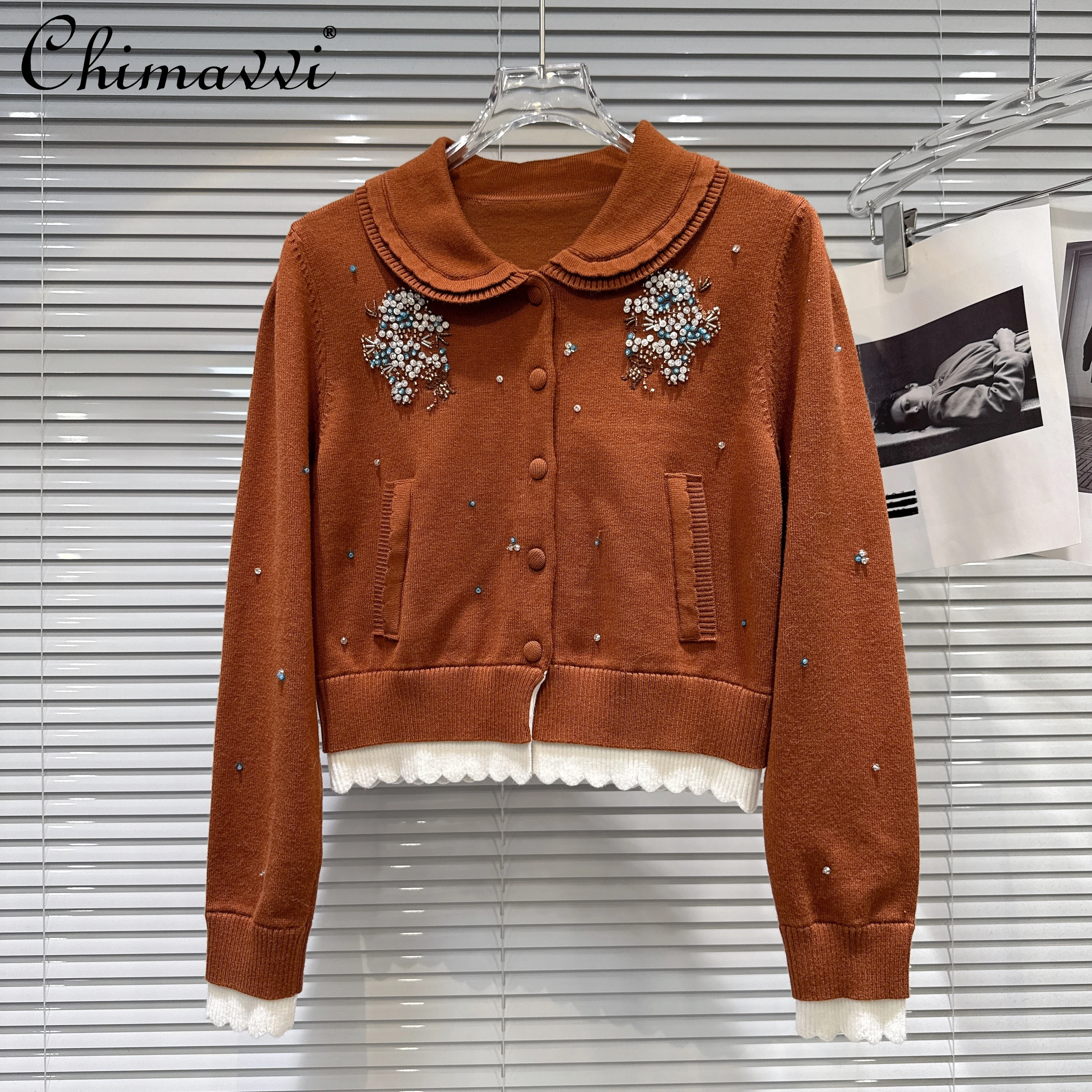 

French Elegant Fashion Beaded Doll Collar Long Sleeve Single-Breasted Casual Versatile Knitted Sweater Cardigan for Women Autumn