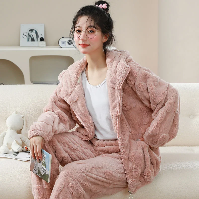 

Autumn and Winter Thickened with Velvet Coral Velvet Pajamas Female Student Dormitory Hooded Flannel Homewear Set Winter Comfort