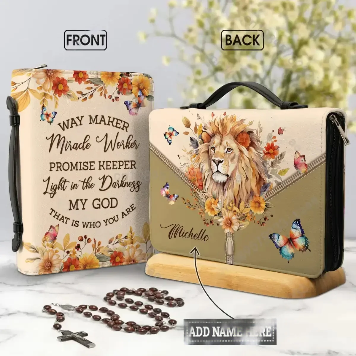 

Way Maker Miracle Keeper Lion Butterfly Print Ladies Bible Cover Case Womens PU Leather Christianity Church Bible Storage Bags