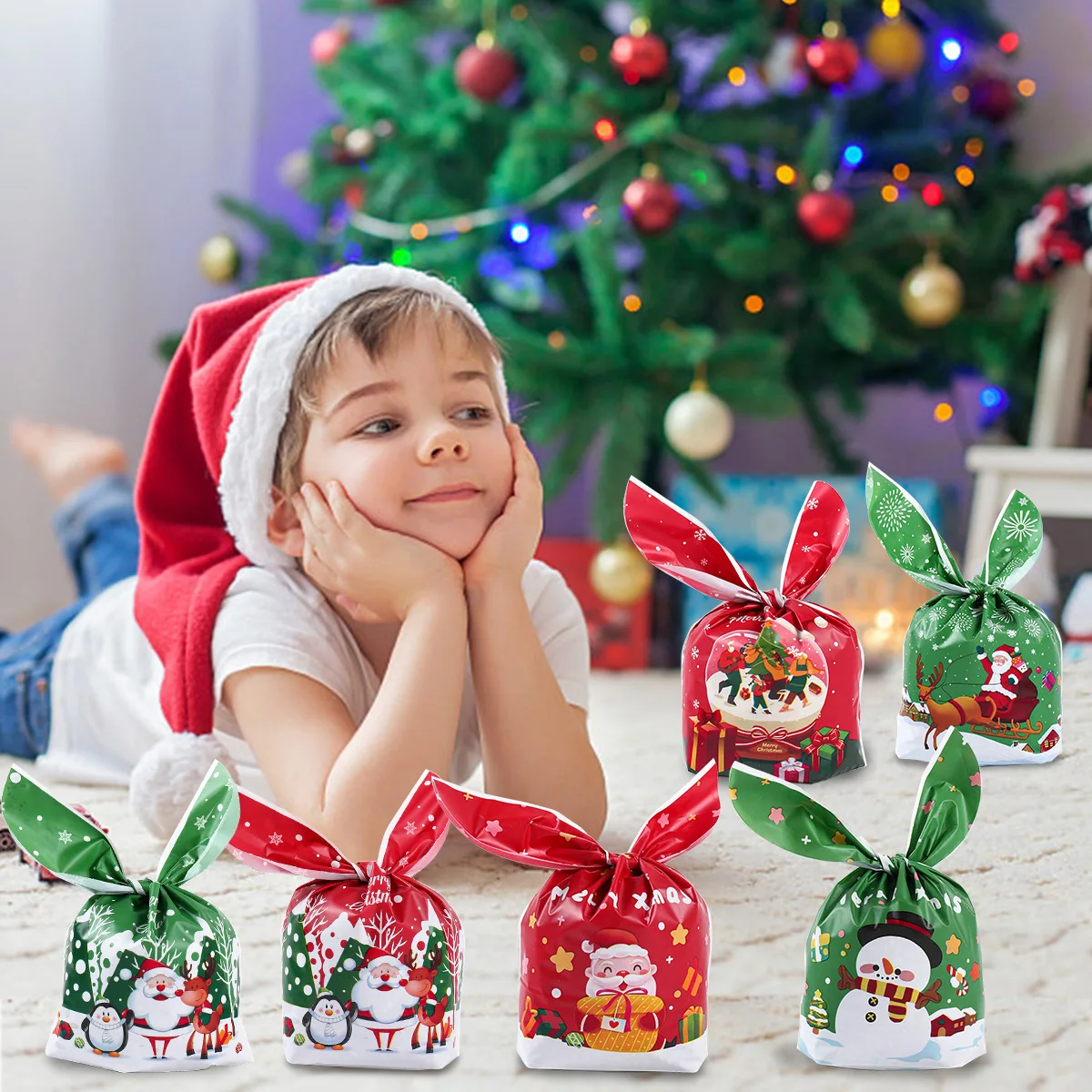 Sacs à Bonbons de Noël avec Freins en Plastique, Oreille de Lapin, Père Noël, Bonhomme de Neige, Biscuits de Noël, Fourniture d'Emballage, 50 Pièces