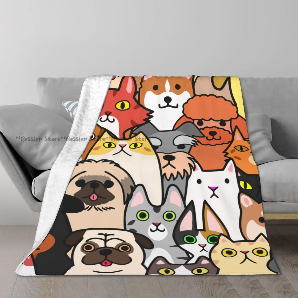 Flannel Blanket Doodle Dogs And Cats Faces Ultra-Soft Micro Fleece Blanket for Bathrobe Sofa Bed Travel Home