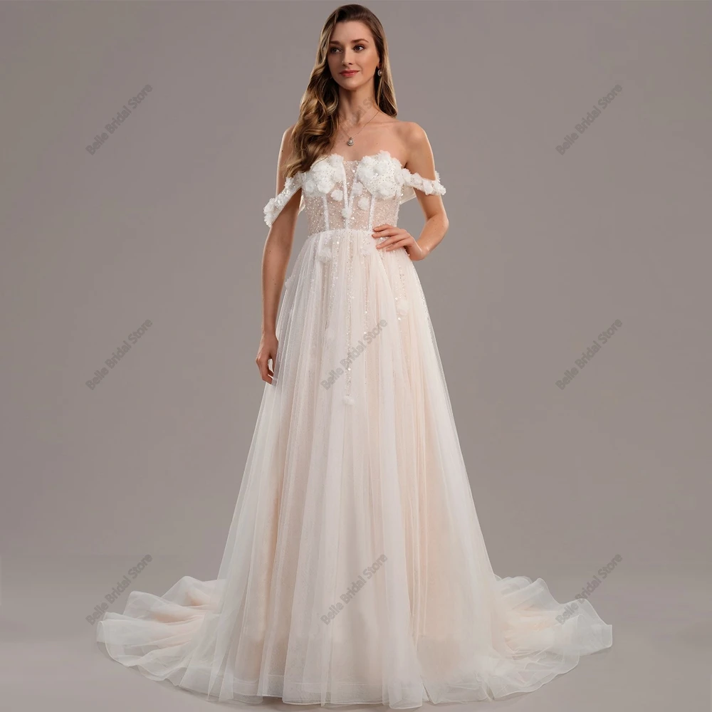 

Elegant Off The Shoulder Wedding Dresses Strapless Applique Floral Sequins Bridal Grown Vestidos Court Train Vestidos De Novia