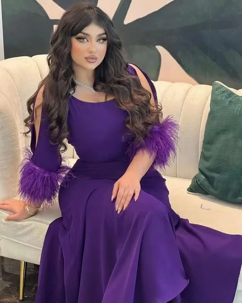 Purple Muslim Evening Dresses 2025 Plus Size Scoop Neck Feathers Long Sleeves Prom Gowns Dubai Saudi Arabic Formal Party Dress